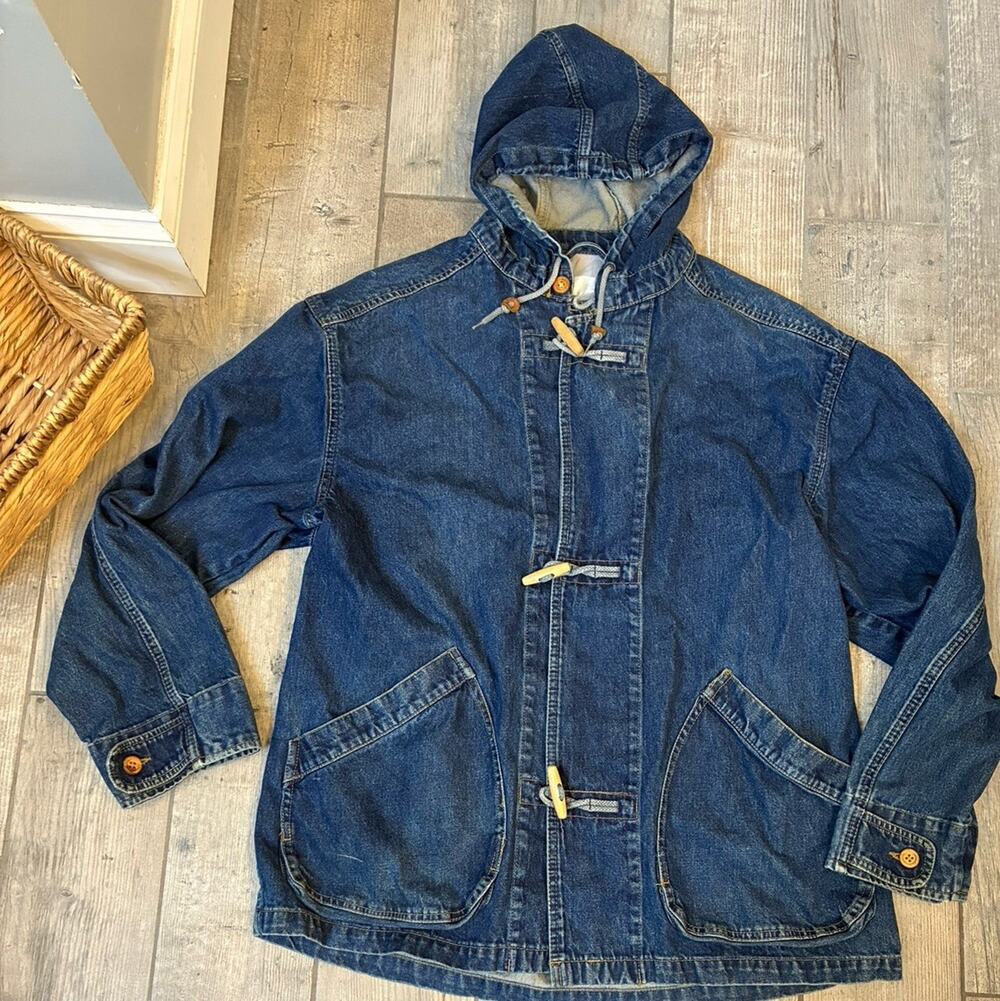 Vintage 90s Perry Ellis Hooded Denim Toggle Jacket Blue Jean Chore Coat Large
